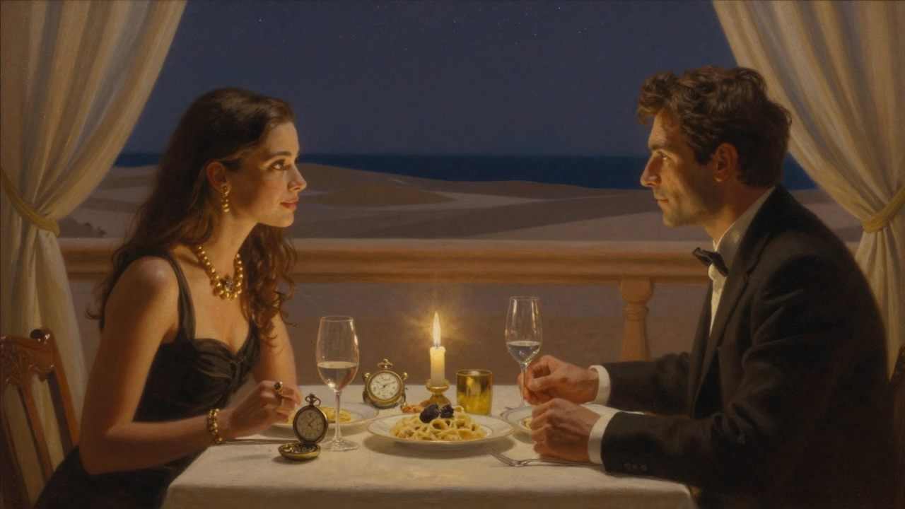 A man and woman share a quiet dinner in a private villa, engaged in thoughtful conversation under candlelight.