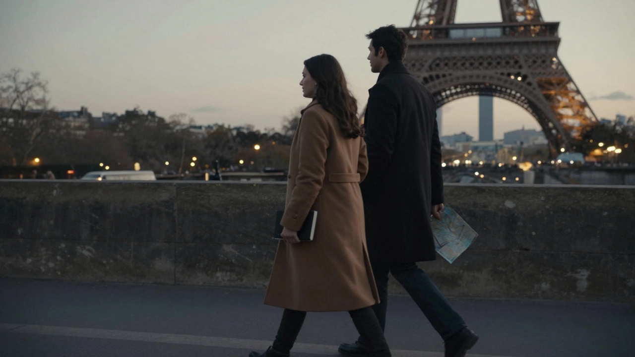 A woman and man walk peacefully along the Seine at dusk, sharing quiet companionship.