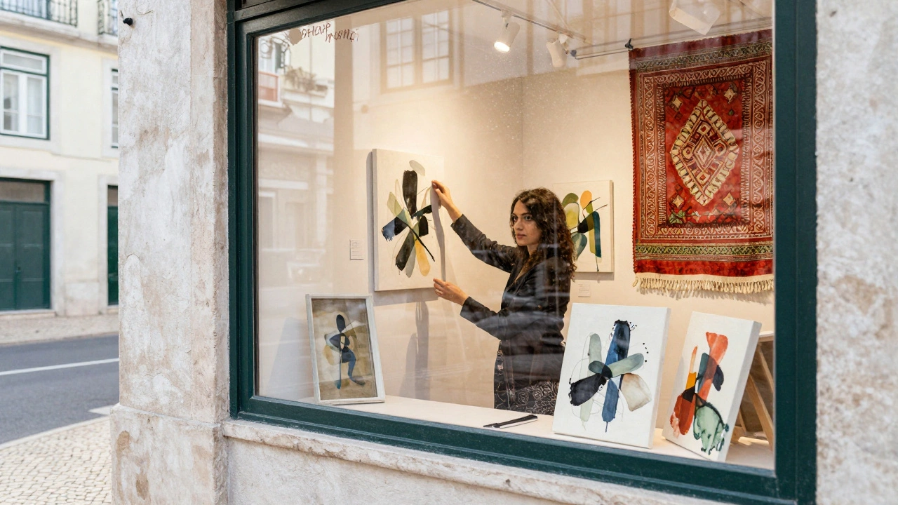A woman arranges art in a quiet Lisbon gallery at dawn, symbolizing a new beginning beyond Dubai.